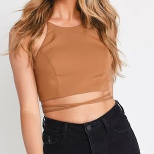 Tan cropped wrap around top